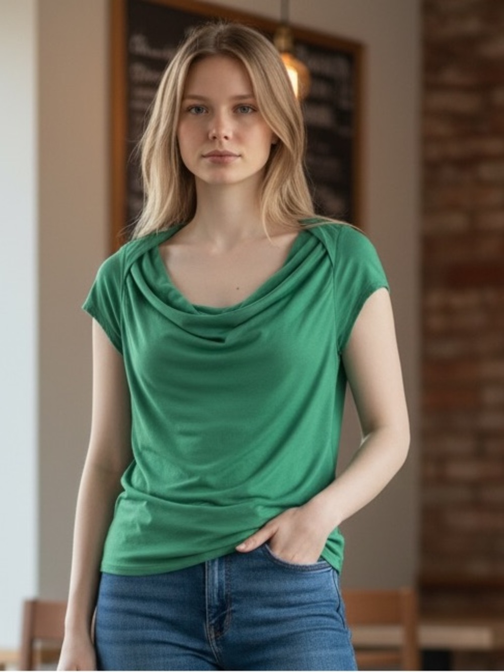 INC International Concepts Green Cowl-Neck Cap Sleeve Top
